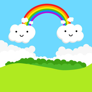 Landscape with rainbow and funny clouds. Vector illustration