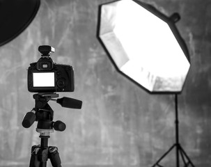 Modern photo studio interior with professional lighting equipment