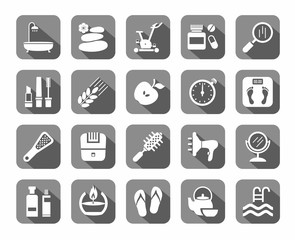 Beauty and health, icons, grey, flat, vector.  Care for body and face. White icons on gray background with shadow. Flat, vector clip art. 
