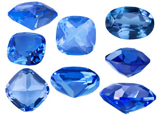 set of eight blue sapphires on white