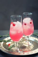 Glasses with delicious wine spritzer on silver tray