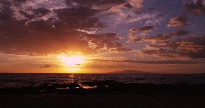 Bright Sun Setting From Big Beach, Maui Hawaii