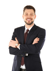 Handsome man in elegant suit on white background