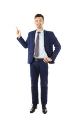 Handsome man in elegant suit on white background