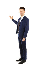 Handsome man in elegant suit on white background