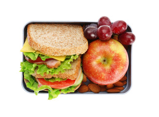 Lunch box with delicious food on white background