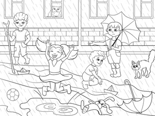 Kids coloring vector children playing in rainy weather