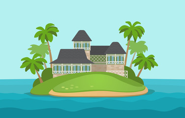 Large cottage among palm trees on a tropical island in sea.