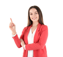 Beautiful young business woman standing on white background