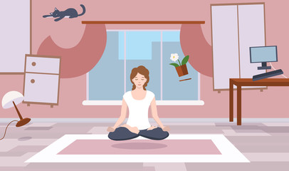 A girl sits in a room, meditates and soars. All items in the room fly.