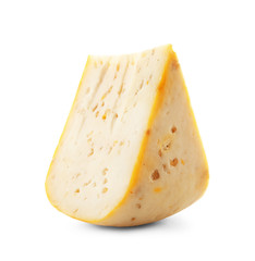 Piece of tasty cheese on white background