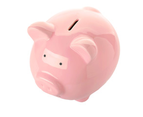Pink ceramic piggy bank on white background