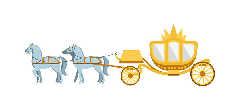 Golden Carriage drawn by four gray horses on white background.