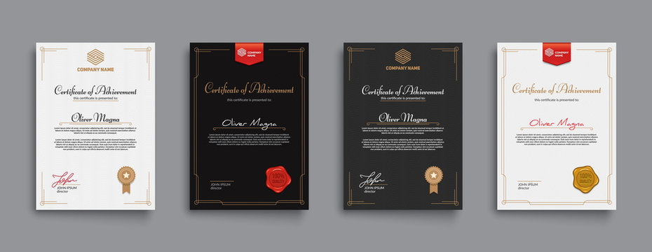 Achievement certificate design with badges and seals. Eps10 vector template.