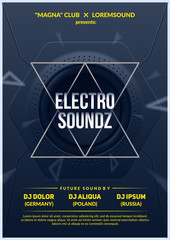 "Electro soundz" party poster. Futuristic flyer design. Eps10 vector template.
