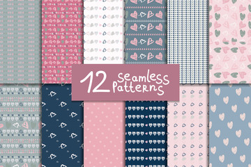 Doodle seamless pattern set with hearts