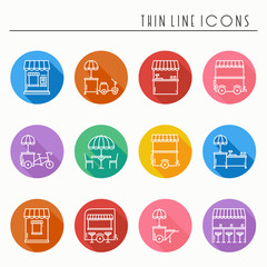 Fototapeta na wymiar Street food retail thin line icons set. Food truck, kiosk, trolley, wheel market stall, mobile cafe, shop, tent, trade cart. Vector style linear icons. Isolated illustration. Symbols