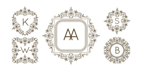 Monogram logo and text badge emblem line art vector illustration luxury template flourishes calligraphic leaves elegant ornament sign.