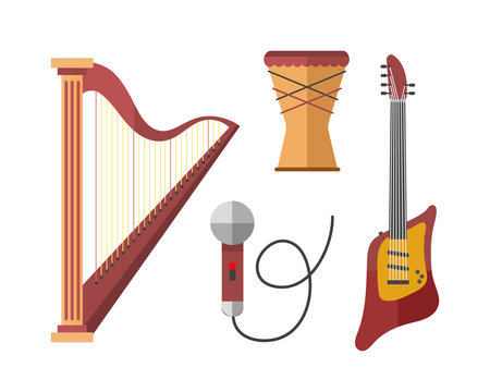 Stringed musical instruments classical harp orchestra art sound tool and acoustic symphony stringed fiddle wooden equipment vector illustration.