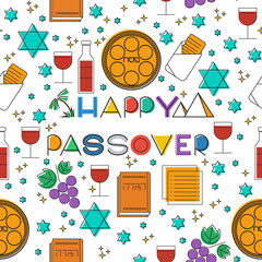 Happy Passover (jewish holiday). Seamless pattern linear modern background. Vectot illustration with Passover holiday symbols.