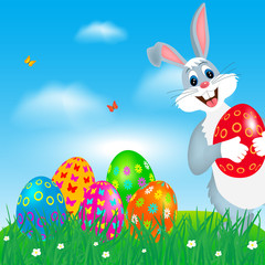 Easter greeting card with colorful eggs and bunny
