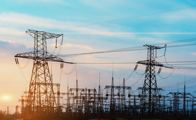 High voltage power transformer substation.