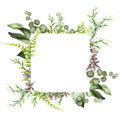 tropical frame, Template. Watercolor illustration isolated on white background. Exotic leaves and herbs © lisima