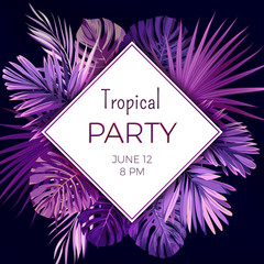 Purple neon vector floral banner template for summer beach party. Tropical flyer with exotic palm leaves and plants.
