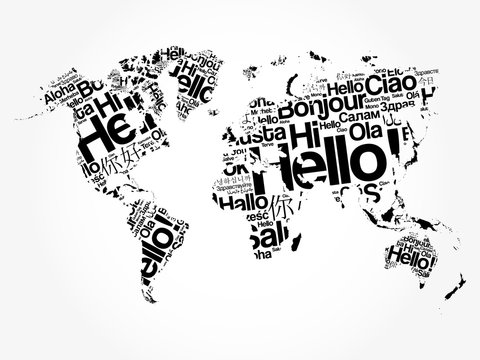 Hello in different languages word cloud World Map, business concept background