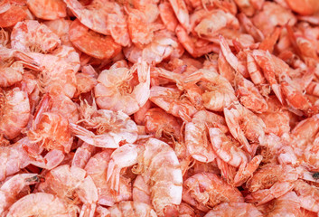 Detail and closeup of dried shrimps, seafood background