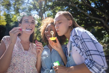 Fototapeta premium Female friends blowing bubbles in park