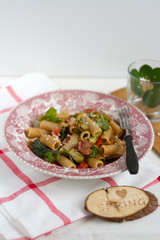 Pasta with flower sprouts and chorizo. White background, red plate, pilea.