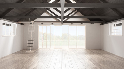 Obraz premium Minimalist mezzanine loft, empty industrial space, wooden roofing and parquet floor, scandinavian classic interior design with garden panorama