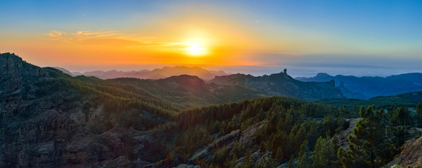 Beautiful sunset with the Roque Nublo peak on Gran Canaria island, Spain

