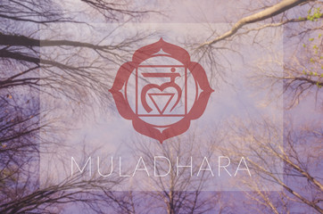 Muladhara chakra symbol. Poster for yoga class with sky view.