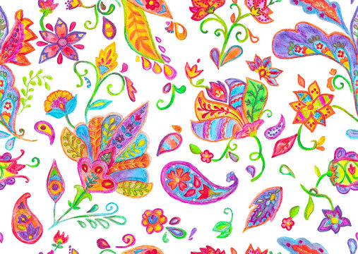 Hand drawn watercolor flower seamless pattern (tiling) with butas. Colorful seamless pattern with flowers, paisley and leaves. Isolated objects on a white background. Doodle style. Perfect for textile