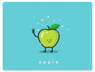 Vector icon of green apple, fruit funny cartoon character 