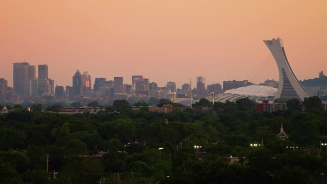 Tight Shot Of Olympic Stadium And Montreal City Skyline