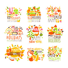 Happy Kid Holiday Colorful Graphic Design Template Logo Series,Hand Drawn Vector Stencils