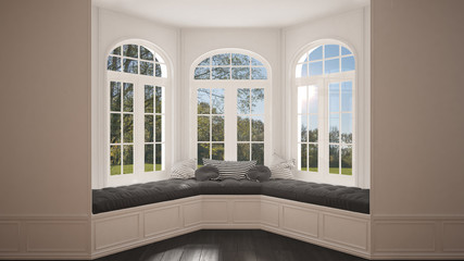 Big window with garden meadow panorama, minimalist empty space, background classic interior design
