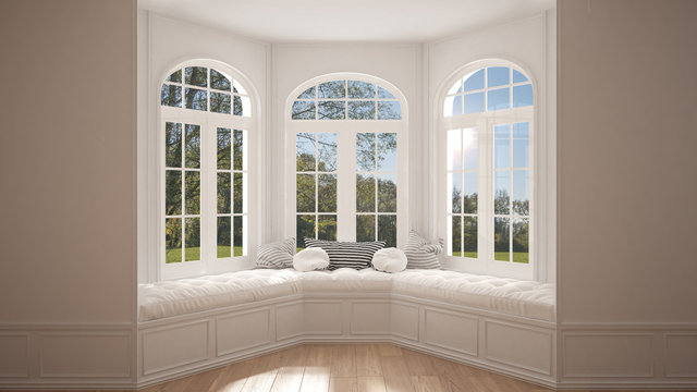 Big window with garden meadow panorama, minimalist empty space, background classic interior design