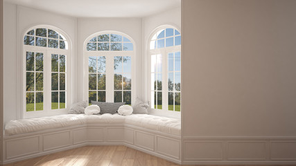 Big window with garden meadow panorama, minimalist empty space, background classic interior design