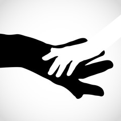 Black color big hand and white small hand concept. Help symbol hands support emblem. Hands icon illustration. Education, health care, medical, design element.