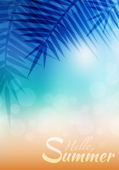 Fototapeta na wymiar Summer greeting card with blurred background and palm branches. Beach with sparkles and bokeh. Vector background for your creativity