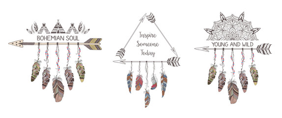 Set of hand drawn boho style design with mandala, arrow and feathers.