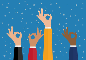 Businessmen hands hold OK. vector illustration in flat design. Financials, work motivation