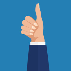Businesswoman hands hold thumbs up. vector illustration in flat design. Financials, work motivation