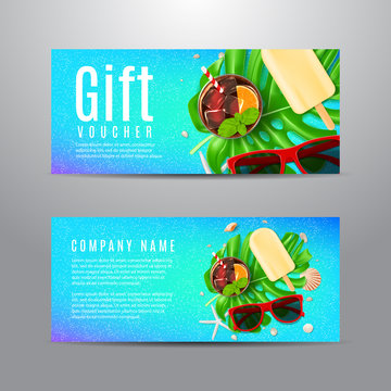 Blue gift voucher with summer composition. Unusual design of coupon usable for invitation and ticket. Vector illustration with sun glasses, seashells, fresh cocktail and ice cream.