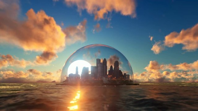 Modern city in a glass dome on ocean at sunset