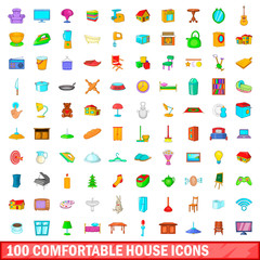 100 comfortable house icons set, cartoon style